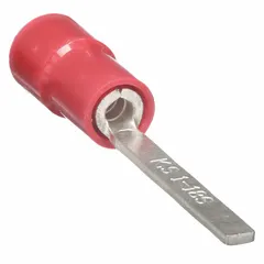 Insulated pin terminal with red vinyl insulation and 0.079-inch pin diameter. Butted seam construction. Used for terminating stranded wire into pin connectors for insertion into terminal blocks or screw-clamp connections in control panels and electrical enclosures.