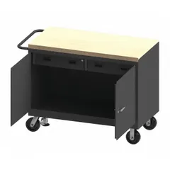 Fully assembled mobile cabinet bench with a butcher block top and side handle for easy repositioning. The 1200 lb overall load capacity supports heavy tools and parts in industrial workshops, maintenance facilities, and assembly lines. Drawers provide organized storage for hardware and equipment.