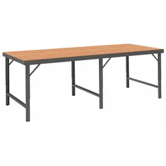 This worktable features a hardboard top measuring 120 inches by 30 1/4 inches with an overall load capacity of 2,000 pounds. The unit is not expandable or modular. It is suited for industrial assembly, packaging, and maintenance areas requiring a sturdy, heavy-duty work surface.
