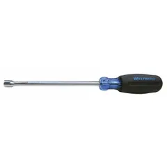 This SAE standard nut driver features a 3/16 in tip size and a hollow round shank that accommodates long bolts. It is designed for driving and removing hex nuts and screws in assembly, maintenance, and repair tasks. The tool has a non-magnetized tip and is suitable for general industrial applications.