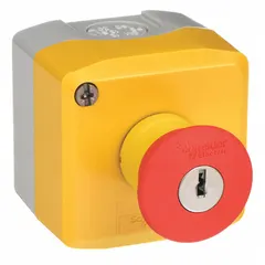 SCHNEIDER XALK188H7 is a push-button control station with a red mushroom head operator, maintained configuration, and one normally closed (1NC) contact. It has no pilot lights and no legend. The unit is rated oil- and dust-tight, suitable for industrial machine control in environments requiring protection against contaminants.