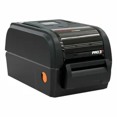 Thermal transfer printer for desktop PC connection, with 4-inch maximum label width. Includes print software, drivers, power cable, and free unlimited tech support. Suitable for creating durable labels in industrial environments.