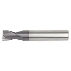 This general purpose carbide corner-chamfer end mill is TiAlN coated with 2 flutes, an 8 mm mill diameter, and a 20 mm length of cut. It is used for chamfering and deburring edges on metal workpieces in general machining applications, creating precise 45-degree corner chamfers.