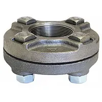 Threaded ductile iron flat flange rated Class 125 with 4 in nominal size. Maximum operating pressure 175 psi at 150°F. Used to connect pipes in industrial piping systems for water, steam, or gas applications