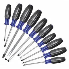 This 10-piece screwdriver set includes Phillips, slotted, and square tip types for general-purpose fastening tasks. The magnetized tips help hold fasteners securely during use. Suitable for assembly, maintenance, and repair applications.