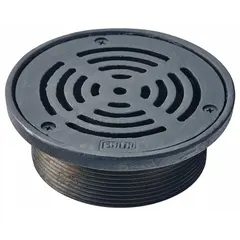 This Class A light-duty floor drain grate is round, made of cast iron with a Duco-Coated black finish. It measures 5 3/4 inches in overall diameter and 2 inches in overall height. Suitable for commercial or light-traffic areas such as restrooms, break rooms, and utility spaces.