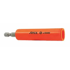 This power tool bit holder accepts 1/4-inch hex shank bits and features a magnetic tip for secure bit retention. Designed for general fastening tasks where impact rating is not required, its non-marring construction helps protect work surfaces.