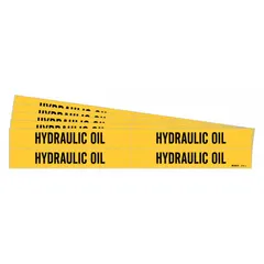 Yellow adhesive pipe marker with black legend reading 'Hydraulic Oil' for identifying pipes carrying hydraulic oil. Fits pipe outer diameters from 3/4 to 2-3/8 inches. Pack includes 4 markers without arrows. Used in industrial facilities to indicate pipe contents for safety and maintenance.