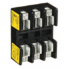 3-pole open block design fuse holder for UL Class G fuses. Rated 480 V AC with box lug terminals for secure wiring. Non-indicating type without blown-fuse indicator. Suitable for use in industrial control panels, motor protection circuits, and branch circuit protection.