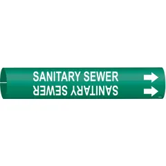 This snap-on pipe marker identifies sanitary sewer lines. It features a green background with white legend and directional arrows. Designed for pipe outer diameters from 1-1/2 to 2-3/8 inches. Suitable for use in industrial and municipal facilities to clearly mark piping contents.