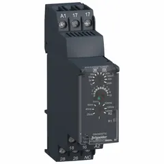 DIN-rail mounted time delay relay with star-delta function, used for transitioning motor connections from star to delta to reduce inrush current. Accepts 12 to 240V AC/DC input and features a DC contact rating of 8 A at 24V. Equipped with 6 terminals for wiring in industrial control panels.