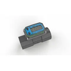 This inline turbine flowmeter with digital totalizer is designed for water flow measurement. It features a 2-inch spigot connection, a flow range of 20 to 200 gpm, +/-3% accuracy, and a 4-20 mA output. The acetal rotor and gallon measurement units make it suitable for industrial water management, irrigation, and process control applications.
