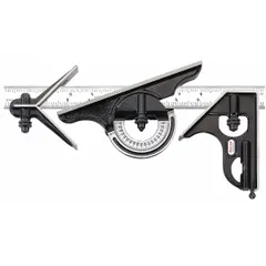 This combination square set includes a 12-inch SAE steel blade with satin finish and quick-reading graduations in 1/64-inch increments. It features a center/reversible protractor and square head for layout, measurement, and angle checking in metalworking and machining applications.