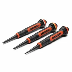 This 3-piece combination punch set includes nail punch and pin punch types, each with a 5-inch overall length. The set is packaged carded. Typical applications include driving nail heads below the surface of wood in finish carpentry and cabinetry, or removing pins in mechanical assemblies.