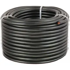 This cut-to-length jumper cable features 6-gauge wire and a 100-foot continuous length, rated for 37 A maximum current. The black jacket allows custom-length installations for battery connections in vehicles, industrial equipment, and backup power systems.