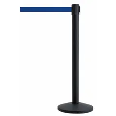 This retractable belt post barrier features a black metal alloy post with a steel base and a 7 1/2 ft blue belt with no legend or pattern. It is used for crowd control and queue management in commercial, retail, and industrial settings, creating a visible barrier to guide foot traffic or designate restricted areas.