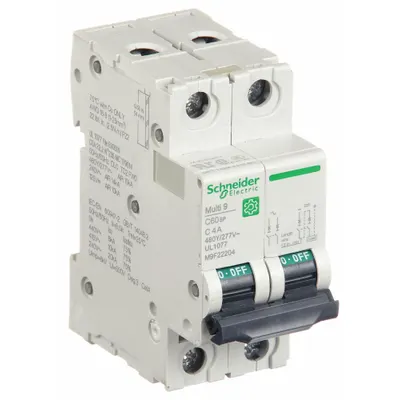 SCHNEIDER Supplementary Protector: 4 A Amps, 14kA at 240V AC, Screw Clamp, C60SP - C-Curve, 2-Pole UL1077 DIN Rail-Mount Supplementary Protectors