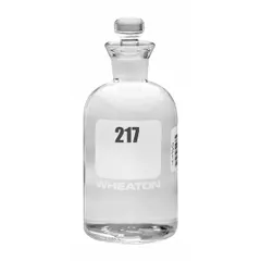 This 300 mL glass BOD bottle is designed for biochemical oxygen demand testing in water and wastewater analysis. It features a narrow mouth and a robotic stopper closure, with a colorless glass body measuring 165 mm in height. Compliant with ASTM/USP standards, it is part of sequence numbers 217-240.