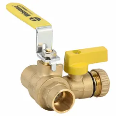 Brass T-pattern purge valve with full port ball port and stainless steel lever handle. Includes Hi-Flow Hose Drains for efficient line draining. Maximum operating pressure 600 psi. Used for isolating flow and draining lines in industrial fluid control systems.