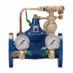 This automatic control pressure regulator features a flanged connection and a ductile iron body. It is designed to maintain downstream pressure within a 15 to 120 psi range. Typical applications include water and industrial fluid systems requiring precise pressure control.