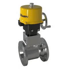 This electrically-actuated two-way ball valve features a CF8M stainless steel body and flange x flange connections. The 120V actuator includes an internally fused automatic reset function and an ISO 5211 mounting pad. Suitable for on/off flow control in industrial piping systems handling liquids or gases.