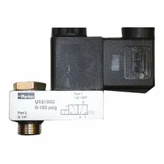 Pneumatic pilot valve for directing or blocking compressed air flow in control systems. Operates on 120/110V AC power. Used in industrial automation, packaging, and material handling equipment for reliable pilot actuation.