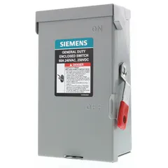 This non-fusible safety switch is rated for 60 A, three-phase, 240V AC, and housed in a galvanized steel enclosure for indoor use. It provides a visible disconnect for isolating electrical circuits in industrial and commercial applications, such as branch circuits and equipment maintenance.