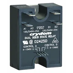 Panel-mounted solid state relay with SCR AC output, Form A (SPST-NO) configuration. Operates with 12 mA input current and switches AC loads from 24 to 280V AC. Screw-clamp electrical connection. Maximum output current without heat sink is not recommended. Not finger-safe.