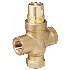 This 3-way globe valve features a brass body and stainless steel stem and seat, with a 1/2 in female NPT connection and 4 CV flow capacity. The stem-down-to-close action provides tight shutoff for mixing or diverting flow in hydronic heating and cooling systems.