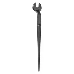 SAE offset open end spud wrench made from alloy steel with a black oxide finish. Head size is 3/4 in with a head thickness of 2 1/2 in. Used for aligning bolt holes in structural steel and tightening or loosening nuts and bolts in confined spaces.