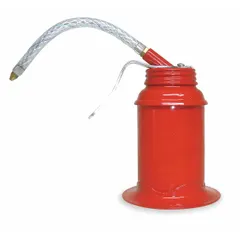 This pistol-grip oil dispenser has a 6 fl oz overall capacity and a 5-inch flexible spout for reaching confined areas. It includes a steel pump with two ball valves and a tin-coated steel body. Suitable for lubricating bearings, chains, and other machine points in maintenance and assembly tasks.
