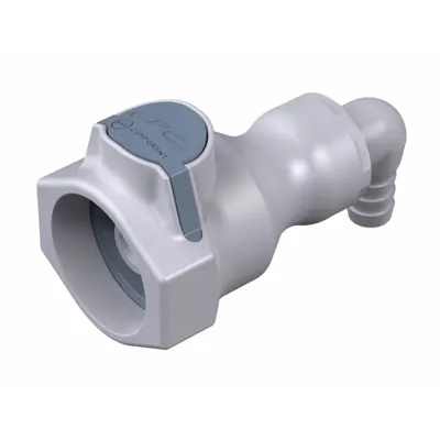CPC Quick Connection Coupling: 90° Elbow, 3/8 in ID Size, Quick-Disconnect Coupler x Barbed - Polypropylene Quick-Disconnect Tube Fittings