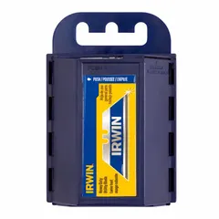 Straight-edge standard-tip replacement utility blades with bi-metal construction. Each blade measures 3/4 in width and 0.025 in thickness. Suitable for cutting drywall, cardboard, plastic sheeting, and light-gauge materials in utility knives. Sold in a 100-pack.