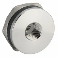 This through-wall fitting is made of 316 stainless steel with a 1/2 in female NPT threaded interior. It includes an EPDM gasket for sealing. Used for creating leak-proof connections in tanks, reservoirs, and vessels in fluid-handling systems