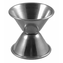 Silver-colored jigger with 0.75 oz capacity for measuring and portioning liquids in bartending and food service. Not dishwasher safe.