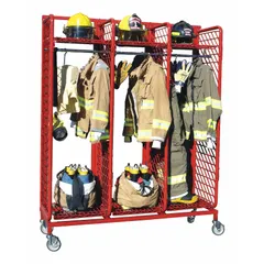 This mobile turnout gear rack from GROVES is constructed of steel with a red finish. It measures 76 inches in length and features three compartments on one side, providing organized storage for firefighter gear in fire stations or industrial safety facilities.