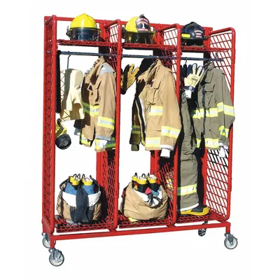 GROVES Turnout Gear Storage Rack: Mobile, 1 Sides, 3 Compartments, Steel, Red - Mobile Turnout Gear Racks