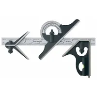This combination square set includes a center head, protractor, and square head for layout, measurement, and angle checking. The steel blade features a satin chrome finish with etched 1/64 in graduations. Suitable for marking 90° and 45° angles, finding centers, and measuring depths in metalworking and woodworking