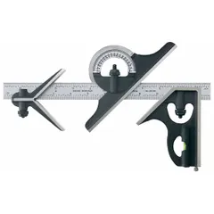 This combination square set includes a center head, protractor, and square head for layout, measurement, and angle checking. The steel blade features a satin chrome finish with etched 1/64 in graduations. Suitable for marking 90° and 45° angles, finding centers, and measuring depths in metalworking and woodworking.