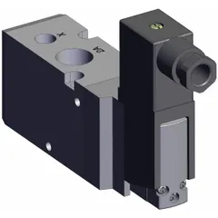 Three-way, two-position, single-solenoid, normally closed directional control valve. Operates on 24V DC with a female 3/8 NPT connection. Used in pneumatic systems for on/off control of single-acting cylinders or pilot signals in automation, packaging, and material handling equipment.
