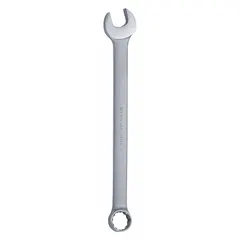 This SAE 12-point combination wrench is constructed from alloy steel with a satin finish. It features a 2-1/16 in head size and a 26-1/4 in overall length with an offset design, providing leverage and access for tightening or loosening fasteners in confined spaces.