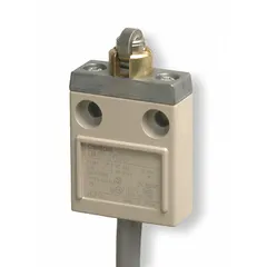 Momentary-action limit switch with metallic, stainless steel housing and cross roller plunger actuator. Includes 9.8 ft SJT(O) cable. Used for position detection of moving machine parts in industrial automation applications.