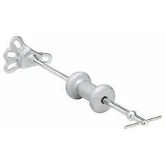 This rear axle puller is designed for removing flange-type rear axles from most late-model passenger cars and light trucks. It services axles with bolts and studs up to 9/16 in diameter and works with 4, 5, or 6 bolt patterns with stud circles from 4-1/4 to 5-9/16 in diameter. The tool includes a carbon steel pulling plate and a 5-lb slide hammer assembly.