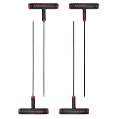 This 4-piece T-shaped hex key set features SAE sizing with a 9/64 in tip size. Each key is made from alloy steel with a black oxide finish and includes one ball end for angled access. Suitable for driving hex socket fasteners in assembly and maintenance tasks.