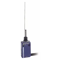 Cat-whisker wobble-stick limit switch with a non-metallic body and Zamak actuator. Actuator length 5.19 in, two mounting holes, removable cable connector. Used for position or presence detection in industrial automation, packaging, and material handling, where flexible multidirectional sensing is required.