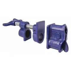 Pipe clamp with steel construction and crank handle for tightening. Designed for light-duty clamping of pipes to flat surfaces. Throat depth of 1 3/4 inches. Suitable for assembly and repair tasks.