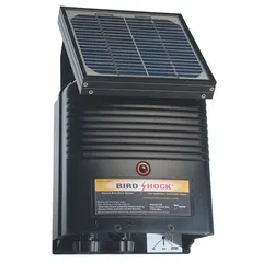 The BIRD BARRIER BS-CS20 is a solar-powered charger designed to energize bird control shock tracks. It accepts a 12 V DC input and delivers an 8,600V output. This unit is used in outdoor bird deterrent systems to prevent birds from landing on ledges, signs, and rooftops.