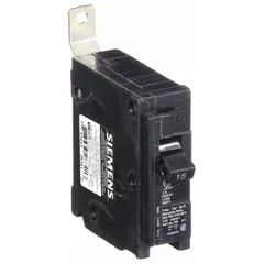 Single-pole miniature circuit breaker rated 15 A at 120/240V AC with a maximum interrupting rating of 10 kA. Designed for bolt-on installation in Siemens P1 panelboards, providing overcurrent protection for single-phase branch circuits.
