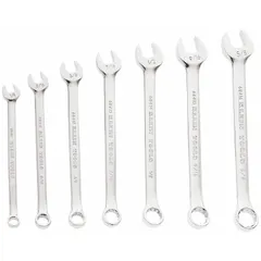 This 7-piece SAE 12-point combination wrench set is constructed from alloy steel with a nickel chrome finish. Each wrench features a 15° head offset angle for improved clearance on obstructions. The set is suitable for tightening and loosening SAE fasteners in general mechanical and industrial maintenance tasks. A storage pouch is included.