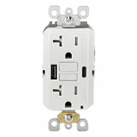 USB Receptacle: Decorator Duplex, 5-20R, USB Type A/C, White, 125V AC, 20 A, GFCI (MPN GUAC2-W)